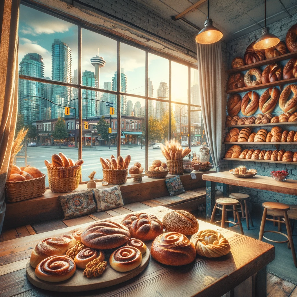 Simit Bakery in Vancouver. This image showcases a cozy and inviting bakery interior, featuring a variety of Turkish breads and a view of the vibrant Vancouver cityscape.