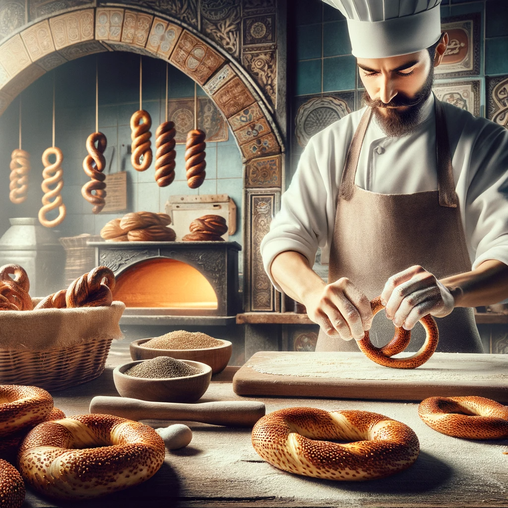 artisanal bakery scene focused on the traditional preparation of Turkish simit, a key aspect of Simit Bakery's offerings.